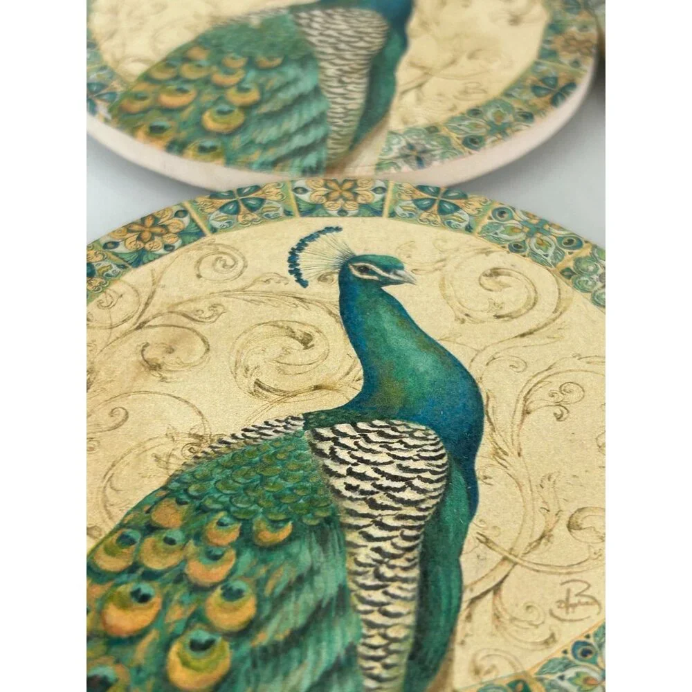 Daphne B Peacock Bird Round Coasters Teal Scrolls Bordered Elegant Pretty (4)